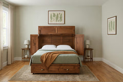 Murphy cabinet bed in Black Walnut open with flip-up top, sage and ochre bedding in a serene Portland guest bedroom - Whats New Furniture