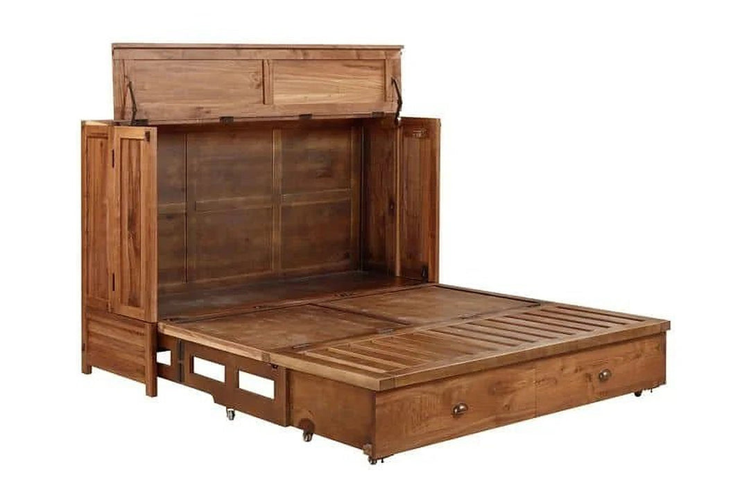 Murphy cabinet bed in Black Walnut opening to reveal the queen bed frame - space-saving bed by Whats New Furniture Portland
