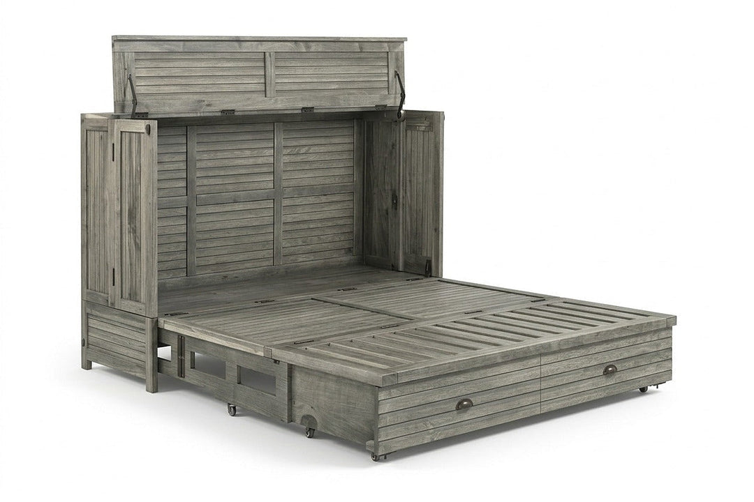 Murphy cabinet bed in Seabreeze finish opening to reveal the queen bed frame - solid acacia with weathered gray louver doors, driftwood finish - Whats New Furniture Portland OR