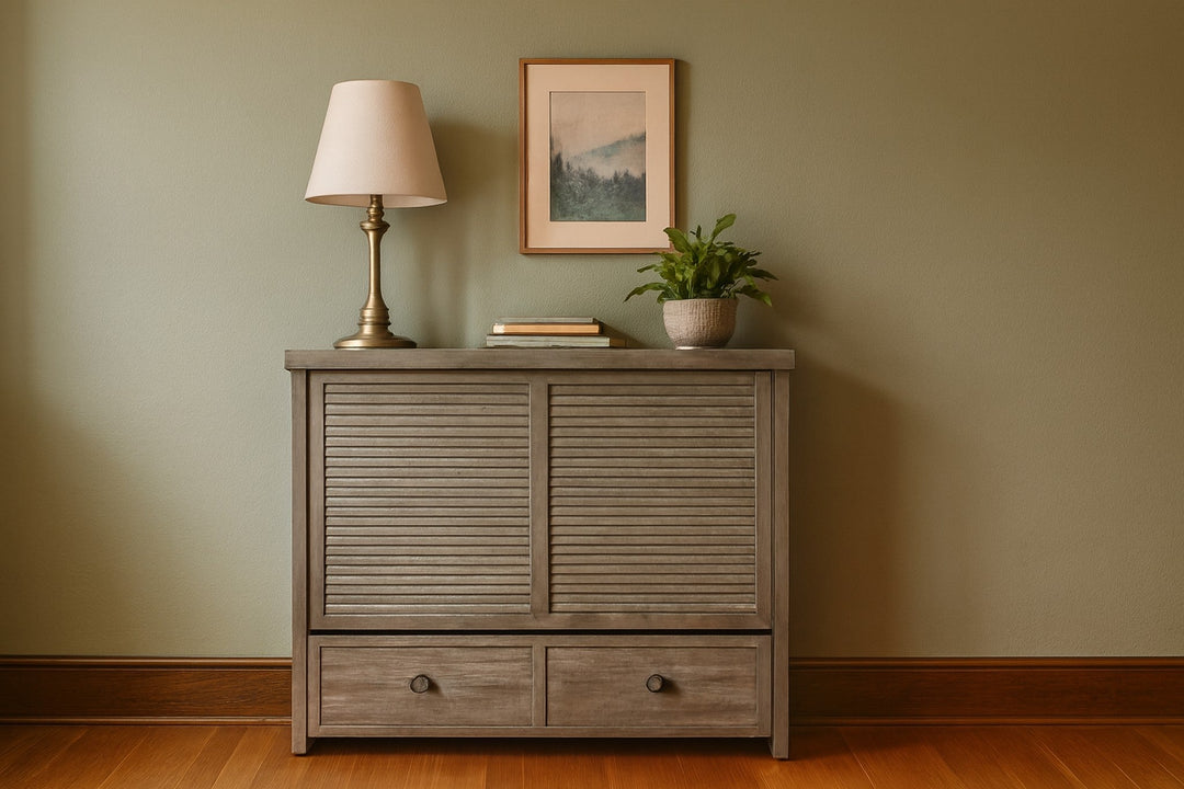 Murphy cabinet bed in Seabreeze styled closed as a console in a bright Portland mid-century modern room - Whats New Furniture