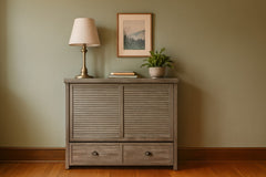 Murphy cabinet bed in Seabreeze styled closed as a console in a bright Portland mid-century modern room - Whats New Furniture