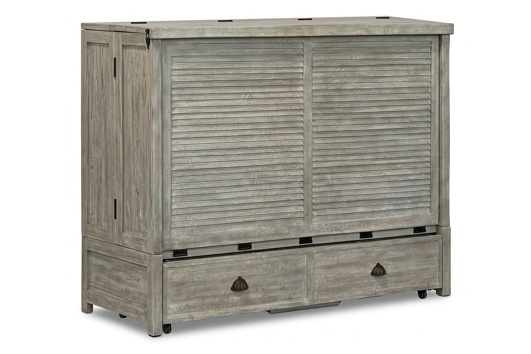 Murphy cabinet bed in Seabreeze finish closed as a compact cabinet - solid acacia with weathered gray louver doors, driftwood finish - Whats New Furniture Portland OR