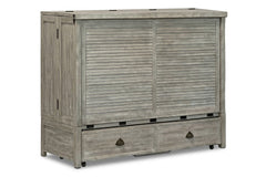 Murphy cabinet bed in Seabreeze finish closed as a compact cabinet - solid acacia with weathered gray louver doors, driftwood finish - Whats New Furniture Portland OR