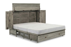 Murphy cabinet bed in Seabreeze finish fully open with queen memory foam mattress - solid acacia with weathered gray louver doors, driftwood finish - Whats New Furniture Portland OR