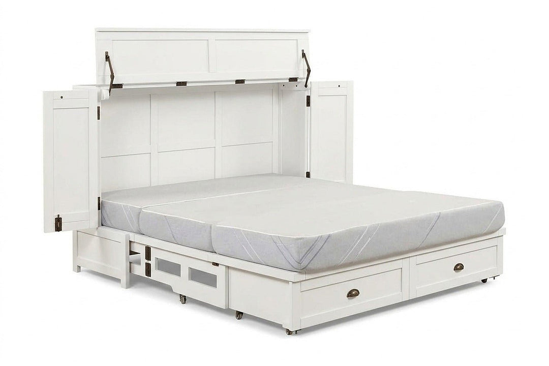 Murphy cabinet bed in Milan White finish fully open with queen memory foam mattress - solid mahogany with diamond-pattern raised-panel doors, painted white finish - Whats New Furniture Portland OR