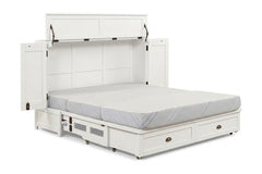 Murphy cabinet bed in Milan White finish fully open with queen memory foam mattress - solid mahogany with diamond-pattern raised-panel doors, painted white finish - Whats New Furniture Portland OR