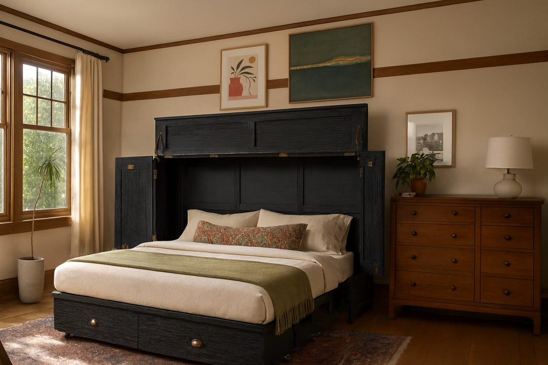 Murphy cabinet bed in Milan Black open as a queen guest bed in a serene Portland bedroom - Whats New Furniture