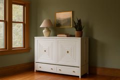 Murphy cabinet bed in Milan White styled closed as a console in a bright Portland mid-century modern room - Whats New Furniture