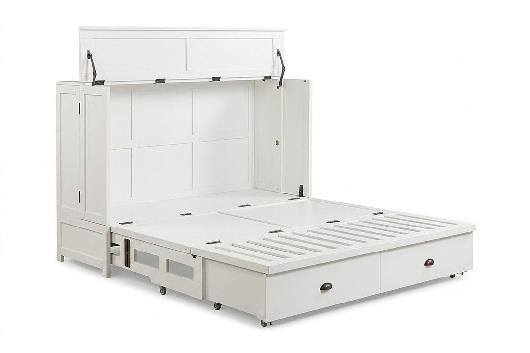 Murphy cabinet bed in Milan White finish opening to reveal the queen bed frame - solid mahogany with diamond-pattern raised-panel doors, painted white finish - Whats New Furniture Portland OR
