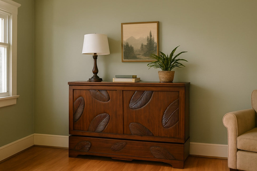 Murphy cabinet bed in Leaf styled closed as a console in a bright Portland mid-century modern room - Whats New Furniture