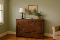 Murphy cabinet bed in Leaf styled closed as a console in a bright Portland mid-century modern room - Whats New Furniture