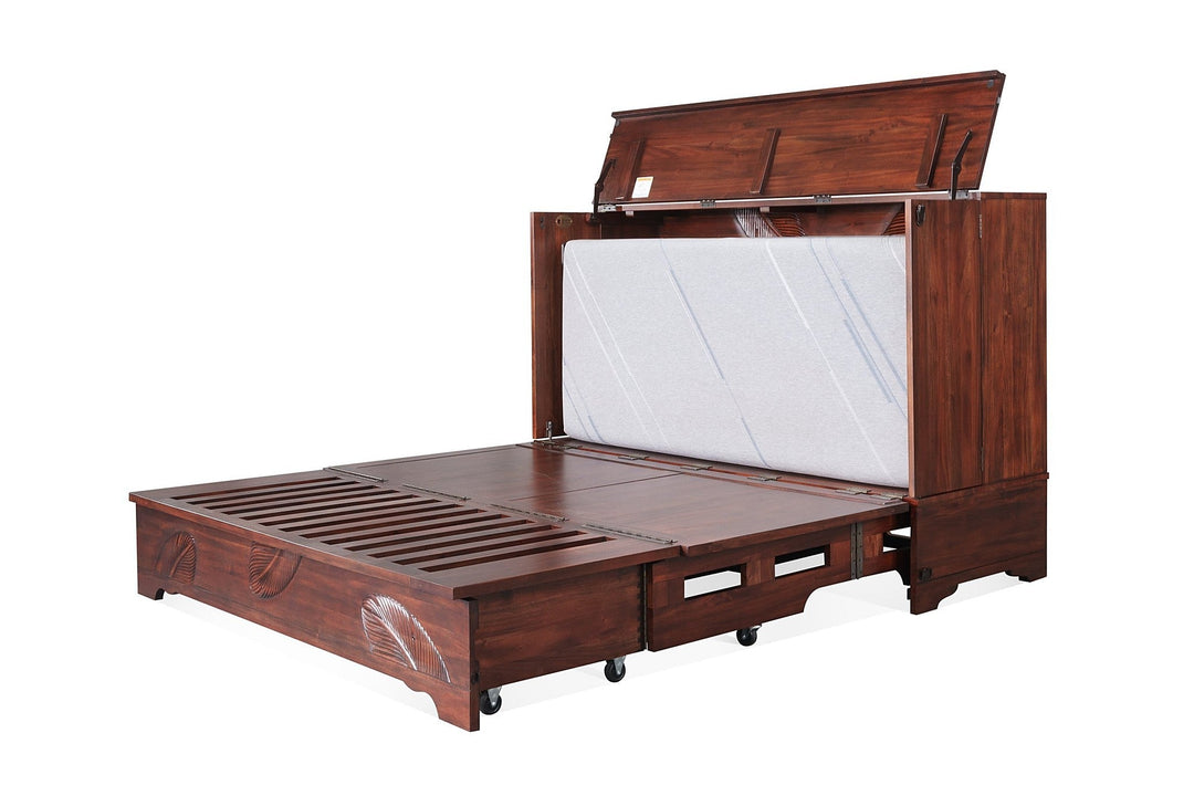 Murphy cabinet bed in Leaf finish with the queen memory foam mattress deploying - solid mahogany leaf-carved Murphy bed, Whats New Furniture Portland