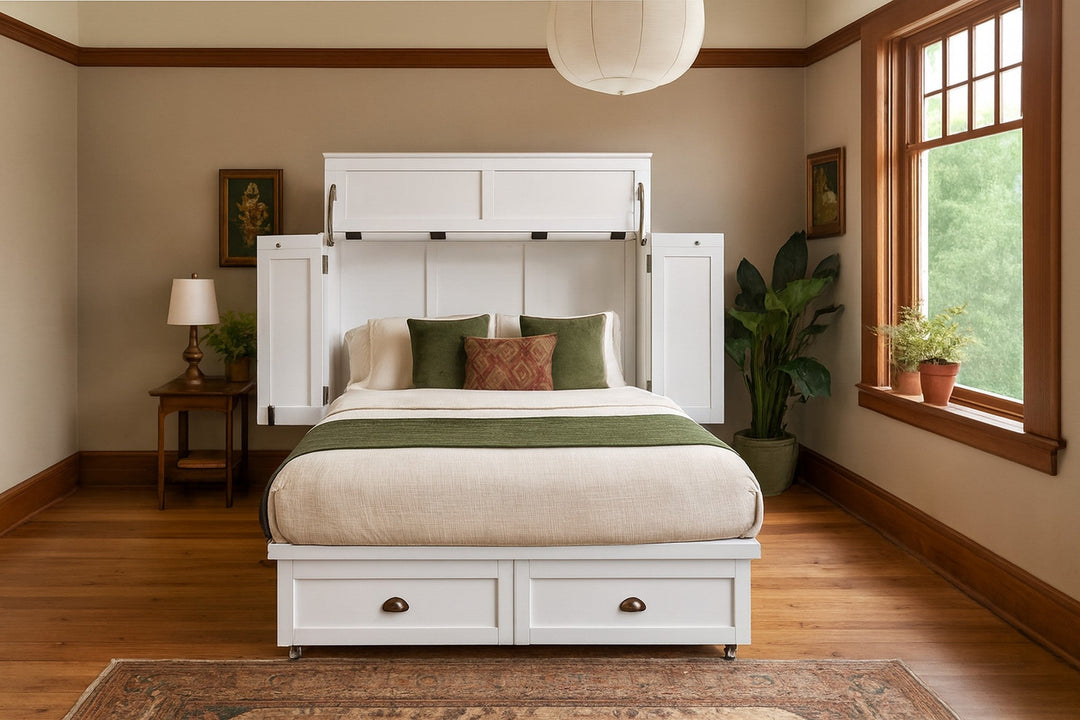 Murphy cabinet bed in Milan White open as a queen guest bed in a serene Portland bedroom - Whats New Furniture