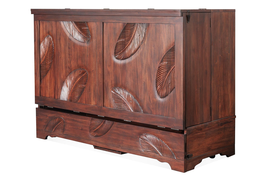 Murphy cabinet bed in Leaf finish, closed as a compact cabinet - solid mahogany with hand-carved leaf-motif doors - Whats New Furniture Portland OR