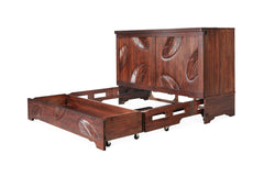 Murphy cabinet bed in Leaf finish opening to reveal the queen bed frame - solid mahogany leaf-carved cabinet bed by Whats New Furniture Portland