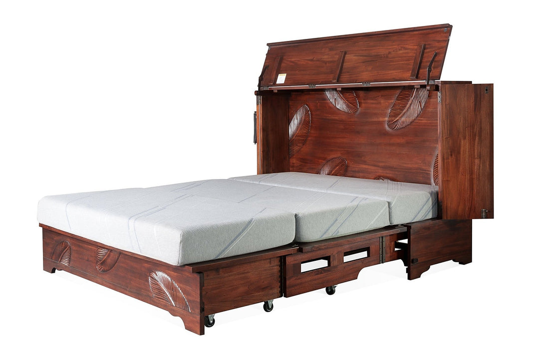 Murphy cabinet bed in Leaf finish fully open with queen memory foam mattress - solid mahogany with hand-carved leaf-motif doors, Whats New Furniture Portland