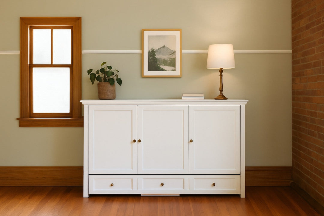 Murphy cabinet bed in New Traditions White styled closed as a console in a bright Portland mid-century modern room - Whats New Furniture