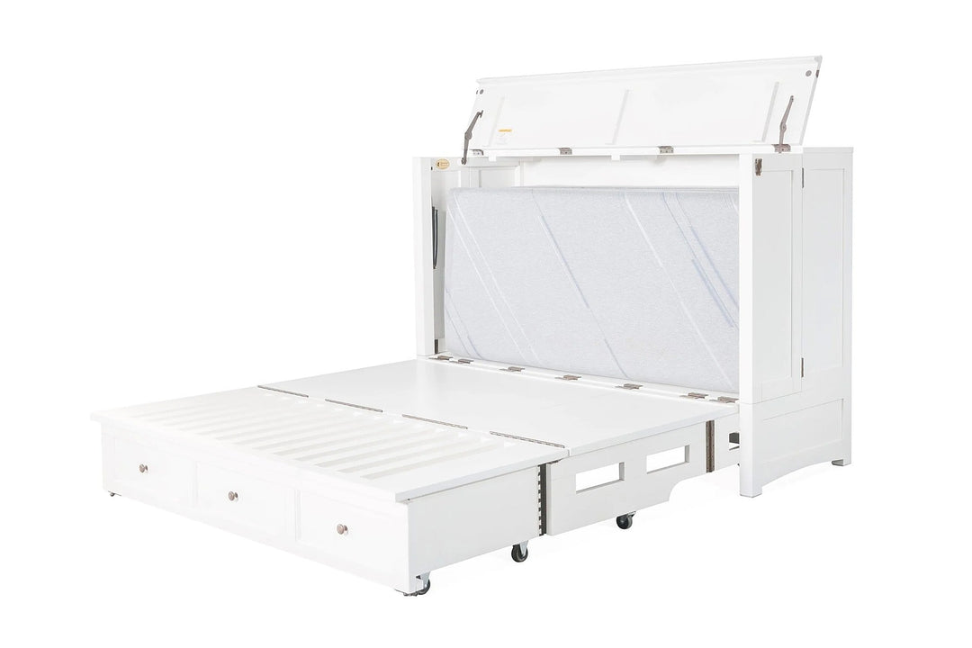 Murphy cabinet bed in New Traditions White with the queen memory foam mattress deploying - white shaker Murphy bed, Whats New Furniture Portland