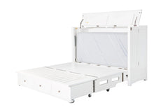 Murphy cabinet bed in New Traditions White with the queen memory foam mattress deploying - white shaker Murphy bed, Whats New Furniture Portland