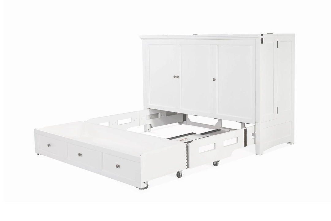Murphy cabinet bed in New Traditions White opening to reveal the queen bed frame - white shaker cabinet bed by Whats New Furniture Portland