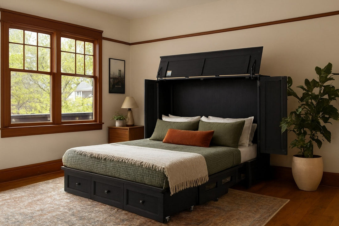 Murphy cabinet bed in New Traditions Black open as a queen guest bed in a serene Portland bedroom - Whats New Furniture