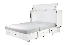 Murphy cabinet bed in New Traditions White fully open with queen memory foam mattress - solid mahogany painted white shaker finish, Whats New Furniture Portland