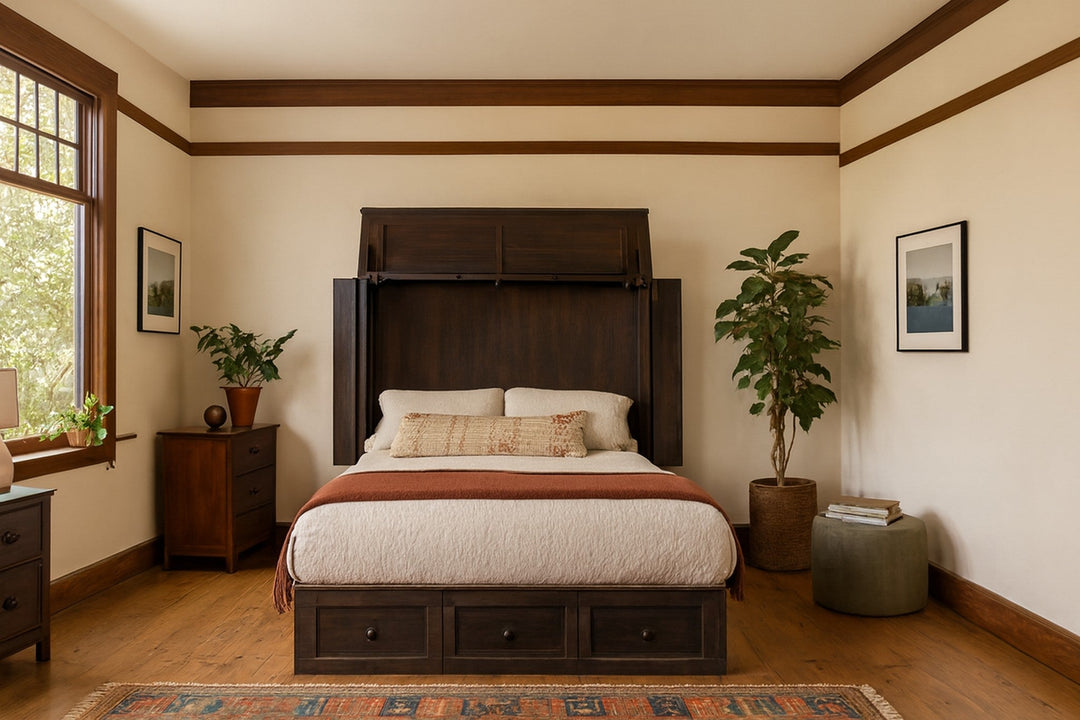 Murphy cabinet bed in New Traditions Espresso open as a queen guest bed in a serene Portland bedroom - Whats New Furniture