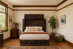 Murphy cabinet bed in New Traditions Espresso open as a queen guest bed in a serene Portland bedroom - Whats New Furniture