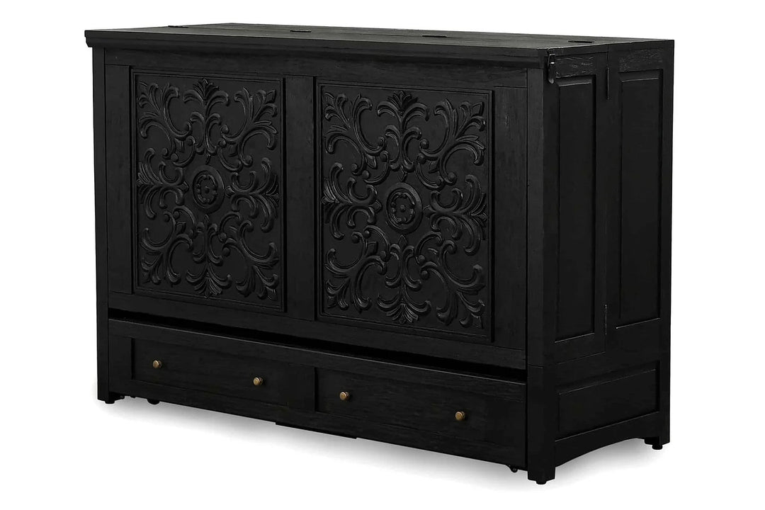 Murphy cabinet bed in Artesian Black finish closed as a compact cabinet - solid mahogany with ornate hand-carved filigree doors, painted black finish - Whats New Furniture Portland OR