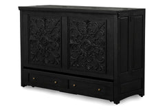 Murphy cabinet bed in Artesian Black finish closed as a compact cabinet - solid mahogany with ornate hand-carved filigree doors, painted black finish - Whats New Furniture Portland OR