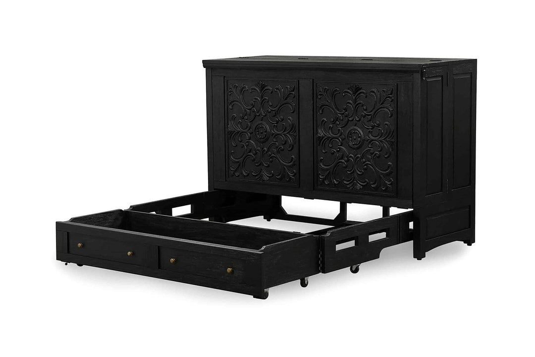 Murphy cabinet bed in Artesian Black finish opening to reveal the queen bed frame - solid mahogany with ornate hand-carved filigree doors, painted black finish - Whats New Furniture Portland OR