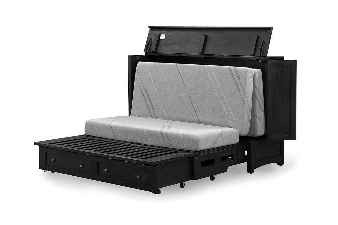 Murphy cabinet bed in Artesian Black finish with the queen memory foam mattress deploying - solid mahogany with ornate hand-carved filigree doors, painted black finish - Whats New Furniture Portland OR