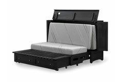 Murphy cabinet bed in Artesian Black finish with the queen memory foam mattress deploying - solid mahogany with ornate hand-carved filigree doors, painted black finish - Whats New Furniture Portland OR