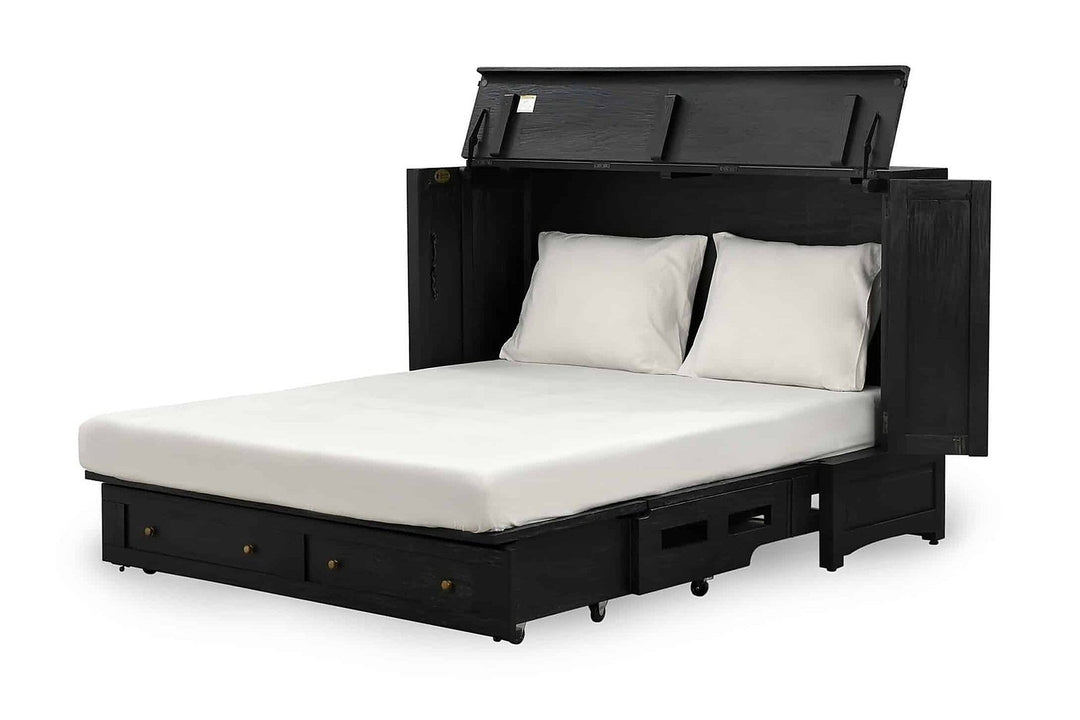 Murphy cabinet bed in Artesian Black finish fully open as a queen bed - solid mahogany with ornate hand-carved filigree doors, painted black finish - Whats New Furniture Portland OR