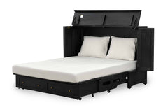 Murphy cabinet bed in Artesian Black finish fully open as a queen bed - solid mahogany with ornate hand-carved filigree doors, painted black finish - Whats New Furniture Portland OR