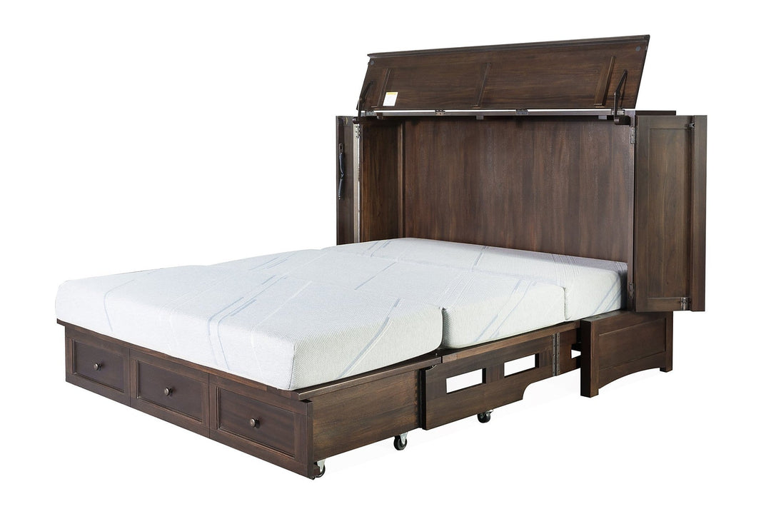 Murphy cabinet bed in New Traditions Espresso fully open with queen memory foam mattress - espresso-stained shaker finish, Whats New Furniture Portland