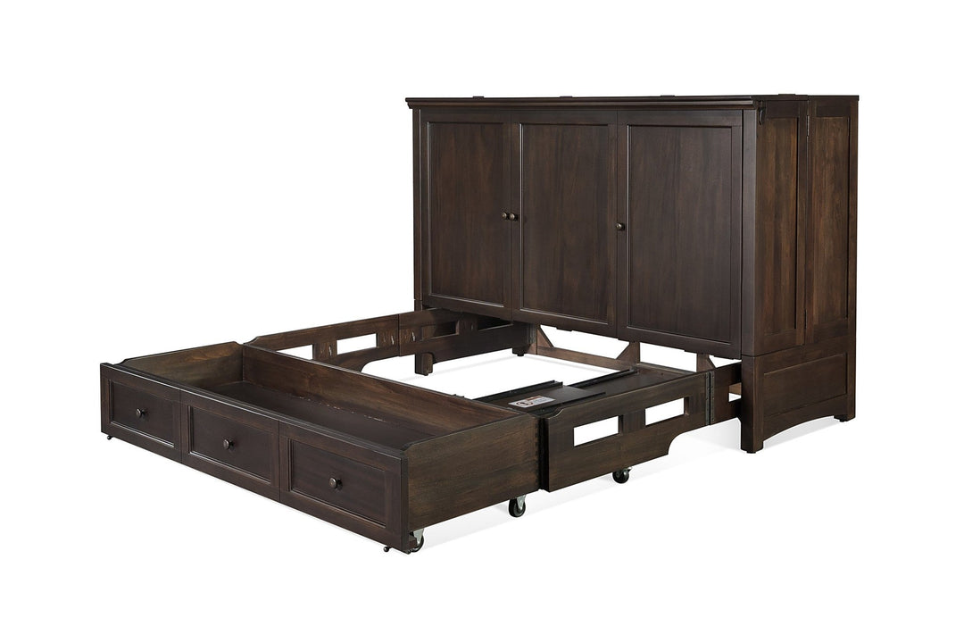 Murphy cabinet bed in New Traditions Espresso opening to reveal the queen bed frame - espresso-stained shaker cabinet bed by Whats New Furniture Portland