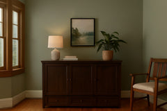 Murphy cabinet bed in New Traditions Espresso styled closed as a console in a bright Portland mid-century modern room - Whats New Furniture