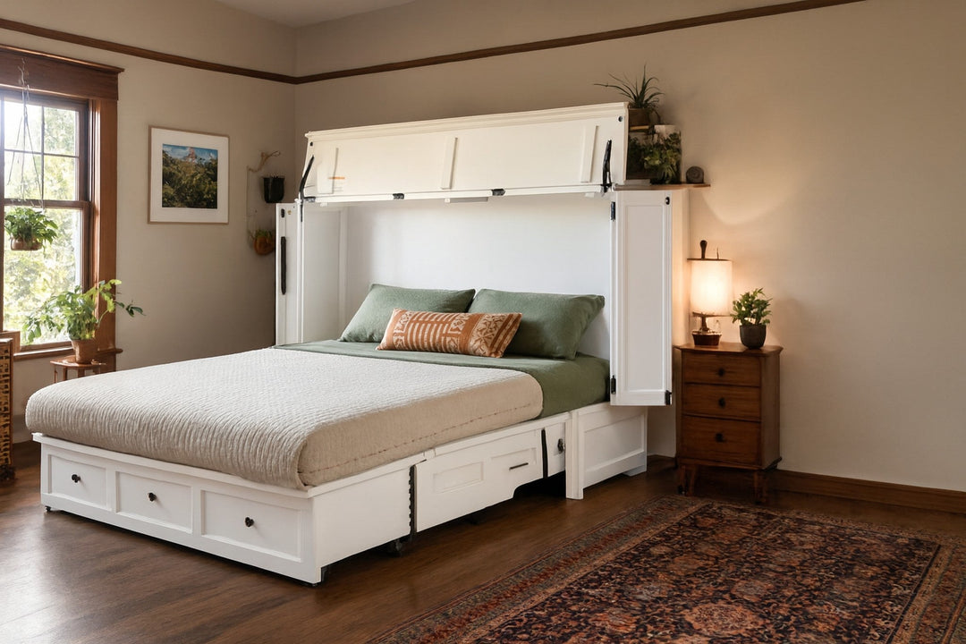 Murphy cabinet bed in New Traditions White open as a queen guest bed in a serene Portland bedroom - Whats New Furniture