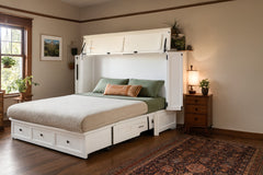 Murphy cabinet bed in New Traditions White open as a queen guest bed in a serene Portland bedroom - Whats New Furniture