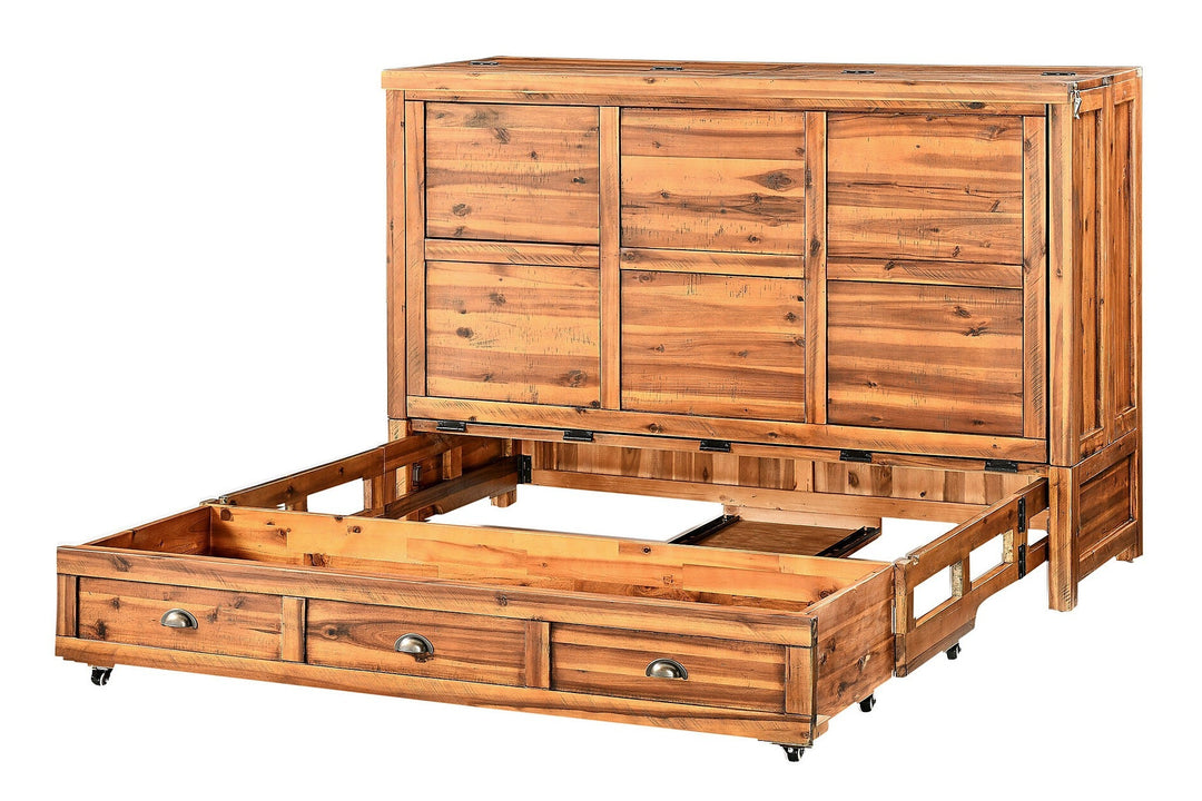 Murphy cabinet bed in Timberline finish, closed as a compact cabinet - solid acacia with horizontal plank doors - Whats New Furniture Portland OR