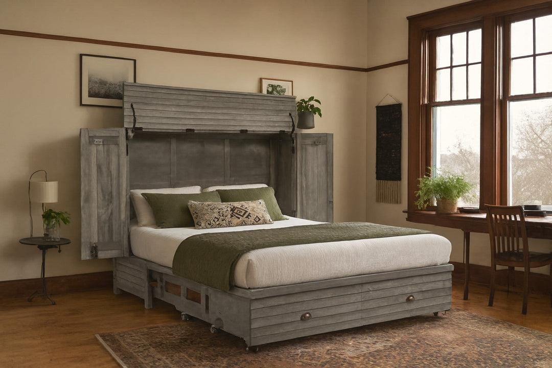Murphy cabinet bed in Seabreeze open as a queen guest bed in a serene Portland bedroom - Whats New Furniture