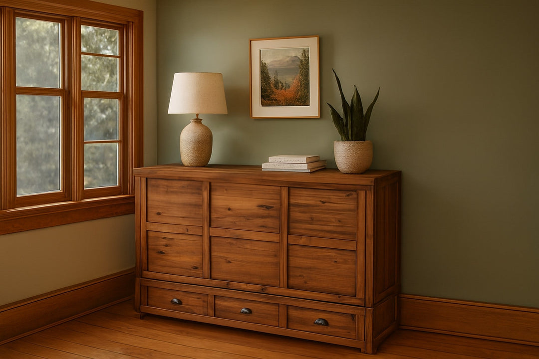 Murphy cabinet bed in Timberline styled closed as a console in a bright Portland mid-century modern room - Whats New Furniture