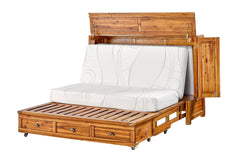 Murphy cabinet bed in Timberline finish fully open with queen memory foam mattress - solid acacia with horizontal plank doors, Whats New Furniture Portland