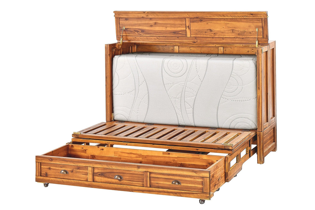 Murphy cabinet bed in Timberline finish with the queen memory foam mattress deploying - solid acacia plank-door Murphy bed, Whats New Furniture Portland