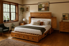 Murphy cabinet bed in Timberline open as a queen guest bed in a serene Portland bedroom - Whats New Furniture