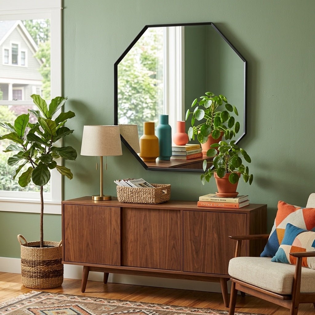 Octagonal Mirror styled in a bright Portland mid-century modern interior - Whats New Furniture