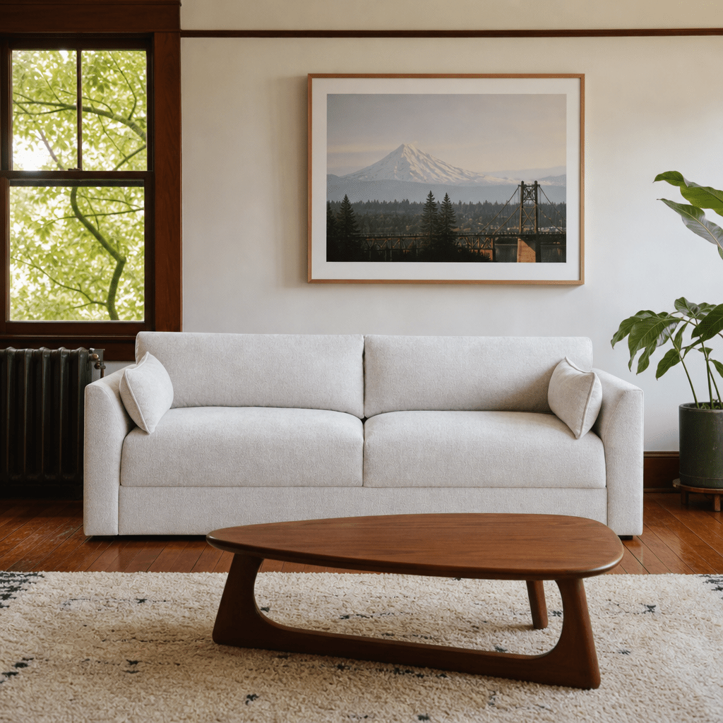 Rochester Sofa in Belfast Cream chenille — track-arm modern sofa styled in a Portland NE Craftsman bungalow with fir floors and big-leaf maple — What&