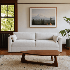 Rochester Sofa in Belfast Cream chenille — track-arm modern sofa styled in a Portland NE Craftsman bungalow with fir floors and big-leaf maple — What&
