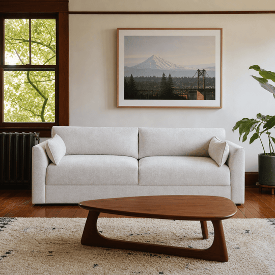 Rochester Sofa in Belfast Cream chenille — track-arm modern sofa styled in a Portland NE Craftsman bungalow with fir floors and big-leaf maple — What&